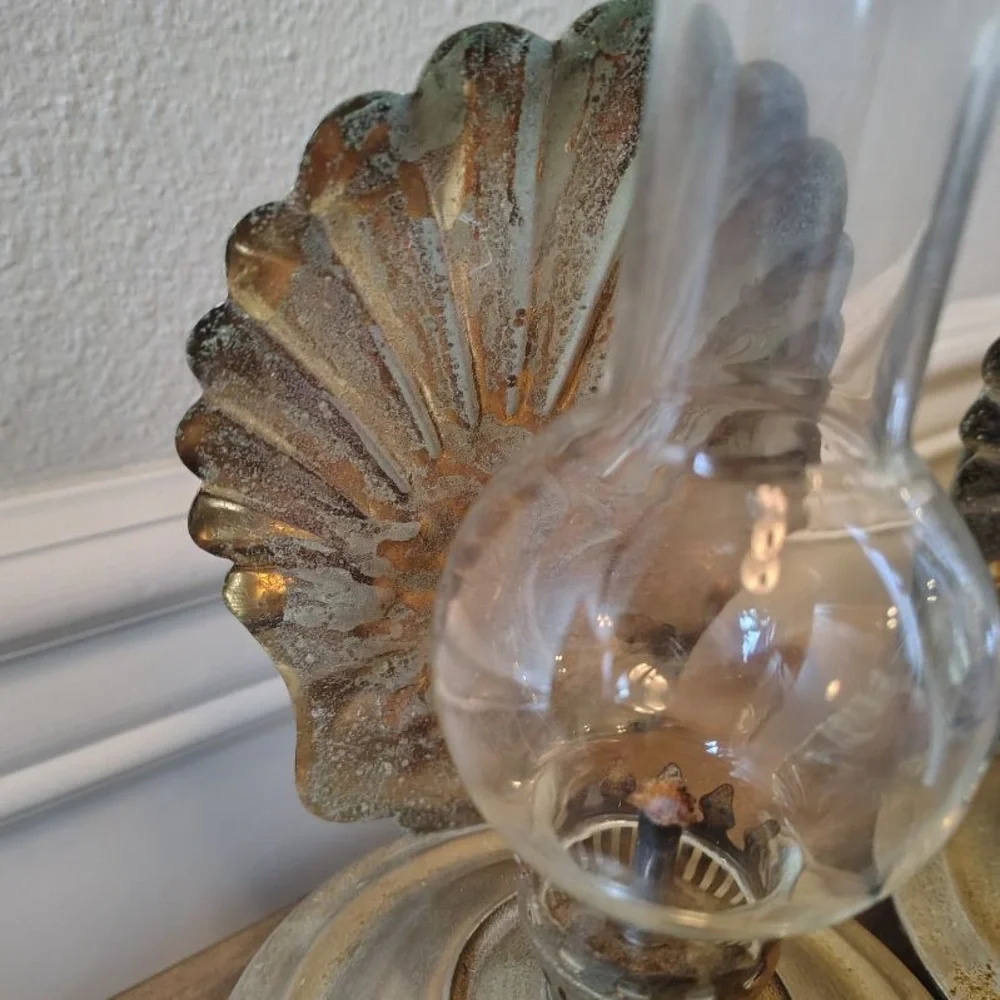 Vtg MCM Metal Oil Hanging Lanterns Nautical Patina Decor Pair Of 2 Wall Decor